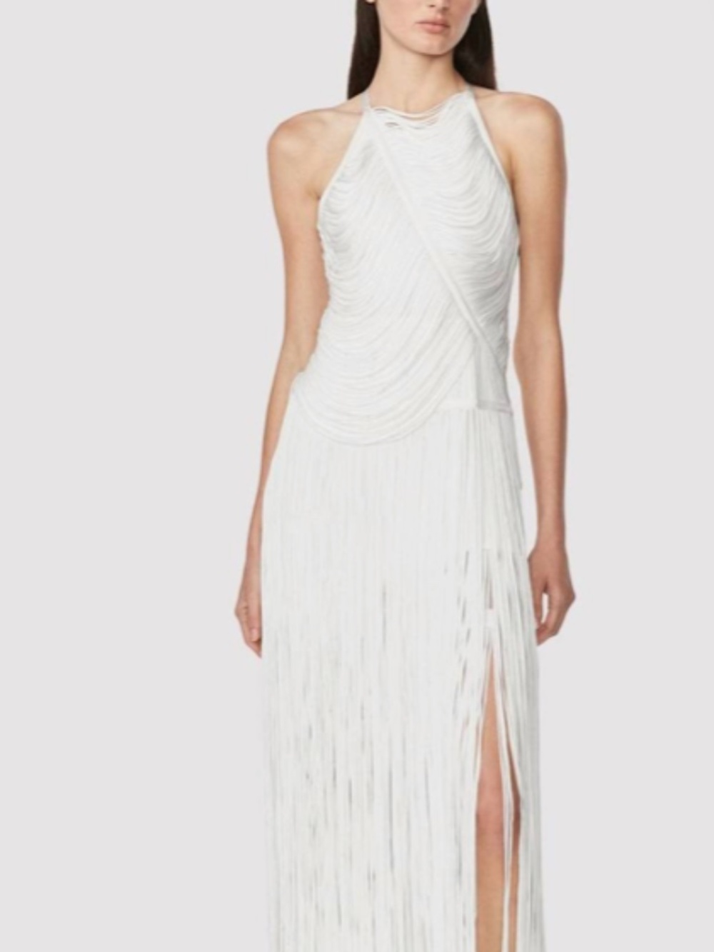 HERVE LEGER  Draped Fringe Asymmetrical Gown Alabaster NWT